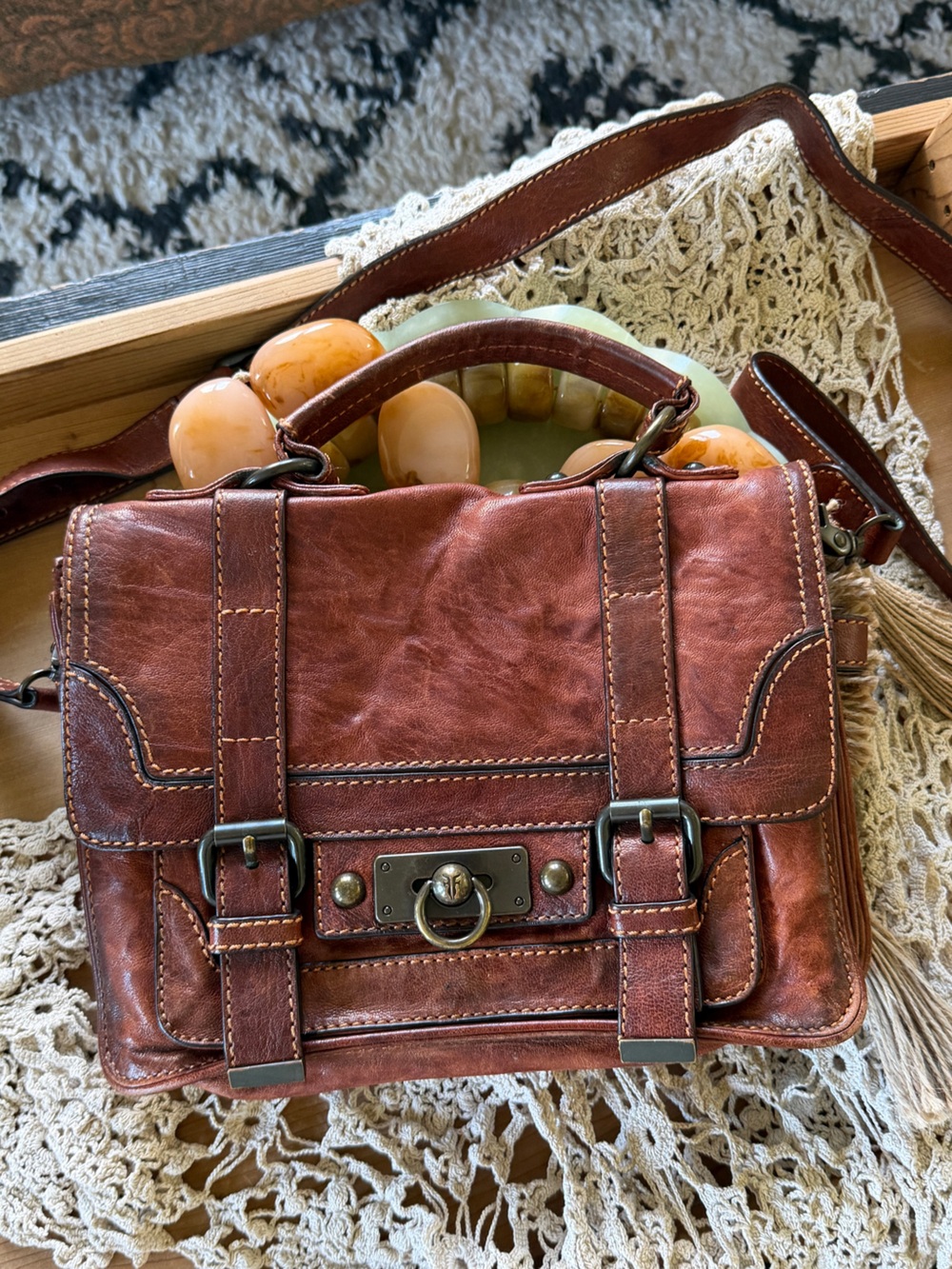 Frye Cameron Antique Cognac Pull Up Brown Leather Crossbody Satchel Bag Purse